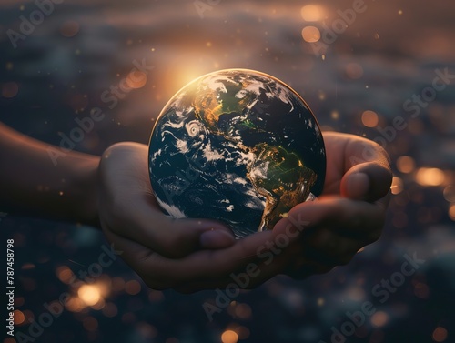 A depiction of the Earth illuminated at night  cradled in human hands  symbolizing Earth Day and the concept of energy conservation