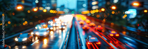 Nighttime Urban Scene with Blurry Cars, City Lights Create a Bokeh Effect, Illuminated Street View