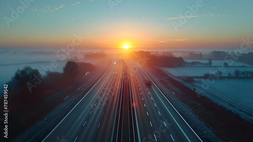 Dawn's Embrace on a Serene Highway. Concept Nature's Awakening, Morning Glow, Tranquil Road, Peaceful Horizon,