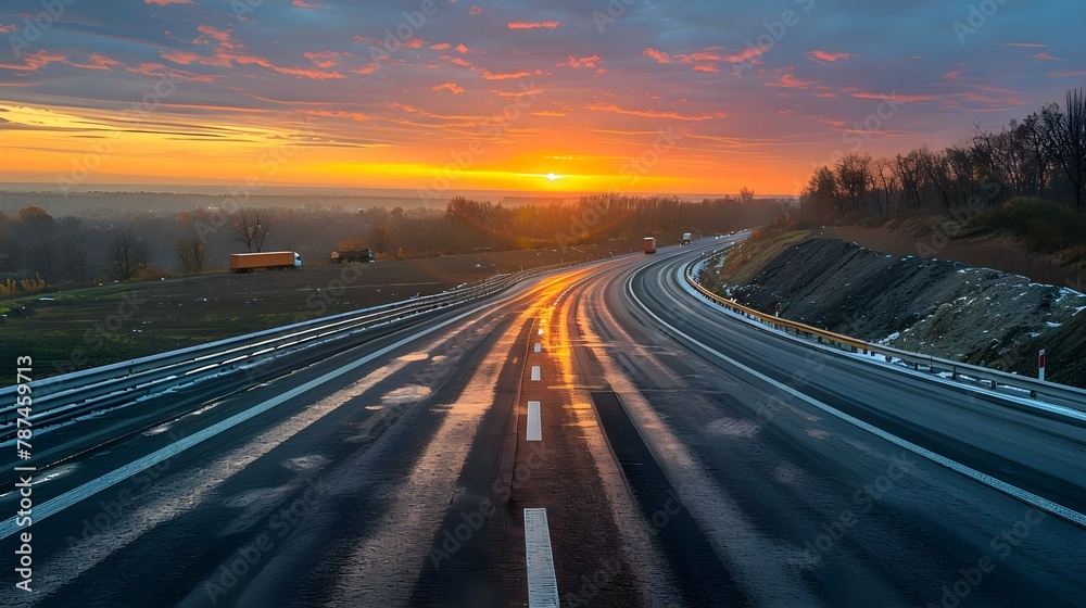 Dawn's Embrace on a Serene Highway. Concept Sunrise Photography, Scenic Beauty, Empty Road, Calm and Serene Settings