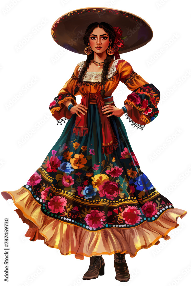 a beautiful mexican girl wear Charro dress with ankle boot cutout png isolated on white or transparent background