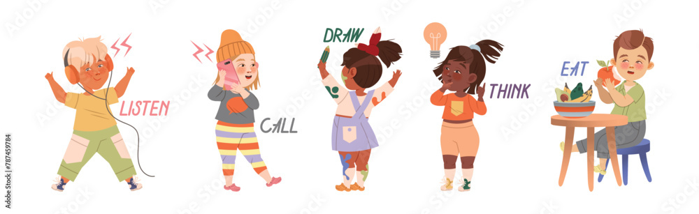 Kid Character Demonstrate Action Verb and Word Vector Set Kid Character Demonstrate Action Verb and Word Vector Set