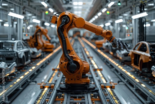 A car factory production line with robotic arms, a high-tech and futuristic atmosphere, a wide-angle lens capturing the entire workshop, modern design elements. Generative AI photo