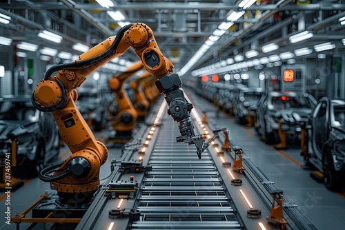 A car factory production line with robotic arms, a high-tech and futuristic atmosphere, a wide-angle lens capturing the entire workshop, modern design elements. Generative AI