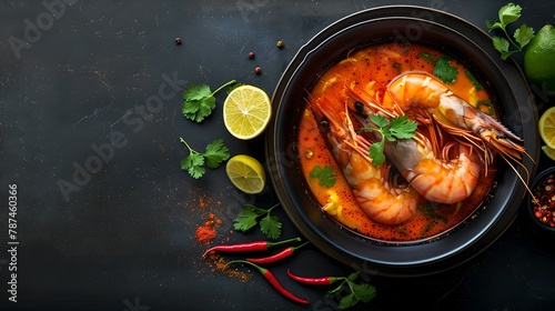Succulent Shrimp in a Spicy Tomato Broth, Topped with Fresh Herbs. Ideal Gourmet Meal for Seafood Lovers. High-quality Food Photography on a Dark Background. Perfect for Menus and Recipes. AI