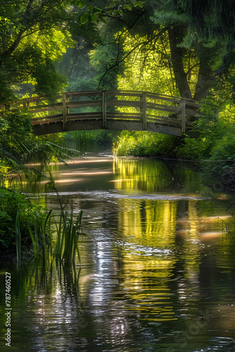 Tranquil River Under Rustic Wooden Bridge Amidst Verdant Greenery in Summer