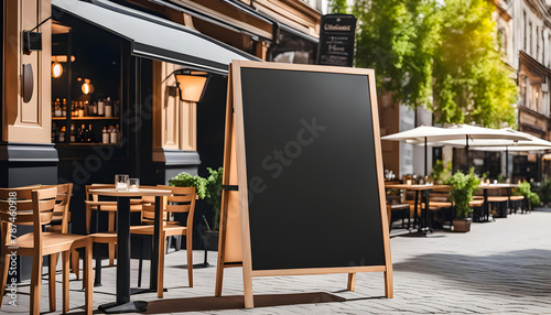 Blank blackboard restaurant shop sign or menu boards near the entrance to restaurant. Cafe menu on the street. Whiteboard sign mockup in front of a restaurant