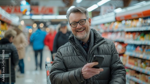 Smiling Man with Smartphone in Supermarket