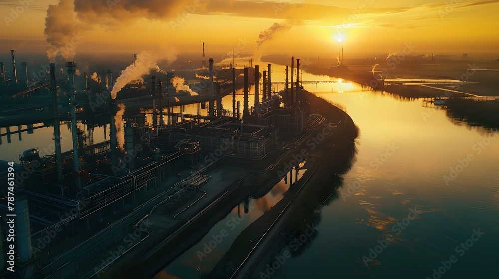 Industrial sunrise over a chemical plant, reflecting on the water. Environmental concerns highlighted. A serene yet thought-provoking scene. AI