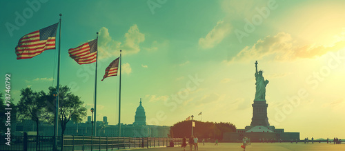 A scene of American landmarks decorated with flags, like the Statue of Liberty, under clear skies and soft daylight on a banner. Memorial Day, Independence Day , with copy space photo