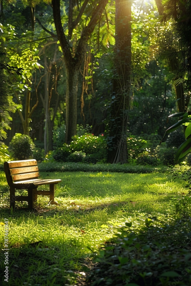 A wooden bench offers a tranquil resting spot in the lush greenery of a sunlit park A wooden bench offers a tranquil resting spot in the lush greenery of a sunlit park