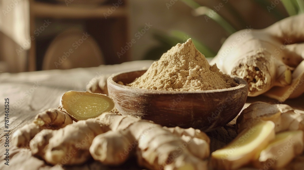 Ginger roots and powder wood backdrop Ginger roots and powder wood backdrop