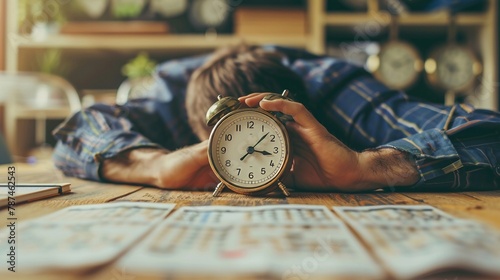 Closeup of a worker hitting snooze on an alarm clock set against a backdrop of a calendar filled with overdue tasks