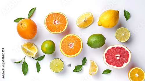 Fresh citrus fruits assortment on a white background. Vibrant colors  top view. Ideal for healthy lifestyle concepts. AI