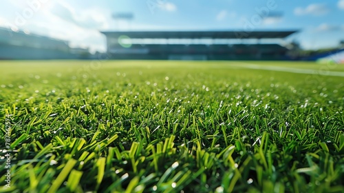 Lush soccer field, macro blades of grass, stadium backdrop, daylight clarity