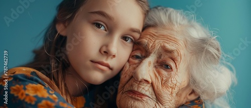 Young girl embracing elderly woman soft blue background