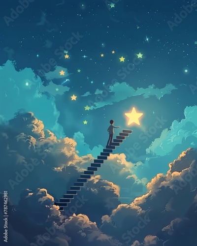 An animated sequence of a professional climbing a staircase in the sky, reaching towards a star that lights up upon touch, representing high achievements