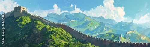 A painting of a mountain range with a wall in the background