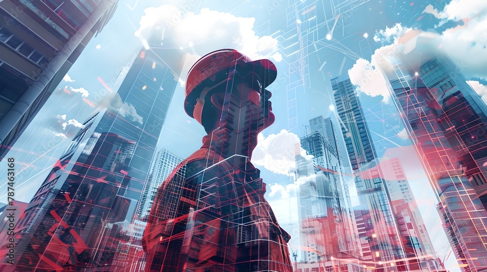Urban Explorer in Red Hat Contemplating Cityscape, Modern Skyscrapers and Blue Sky, Conceptual Double Exposure Portrait. AI Urban Explorer in Red Hat Contemplating Cityscape, Modern Skyscrapers and Blue Sky, Conceptual Double Exposure Portrait. AI