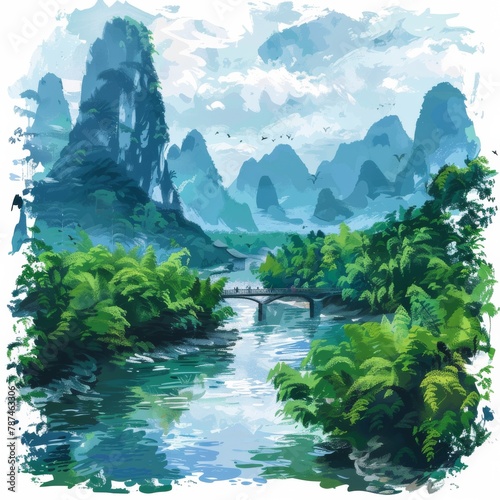 A painting of a river with a bridge and mountains in the background photo