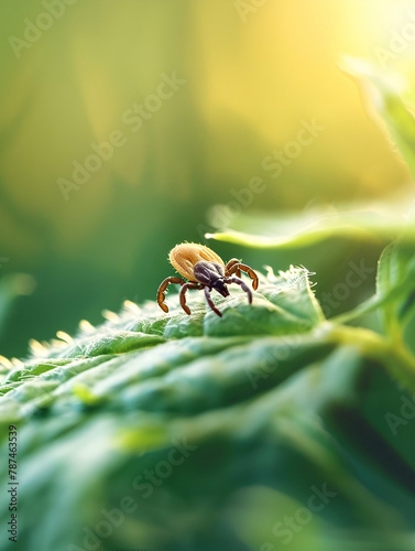 Close-up of a tick crawling on a leaf. Cope space photo