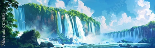 A beautiful waterfall scene with a blue sky in the background photo
