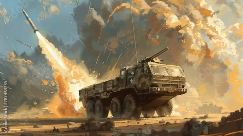 A military vehicle is driving through a desert with a rocket in the background