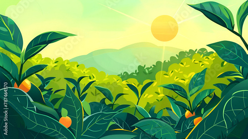 Illustration of a tea garden with stylized tea plants and a bright sun