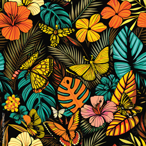 Seamless flowers and butterflies tropical pattern. Vector Ilustration