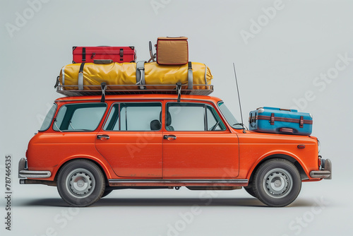 Retro car with luggage and beach equipment on white background. Summer vacation concept, 3d render, illustration © Anna