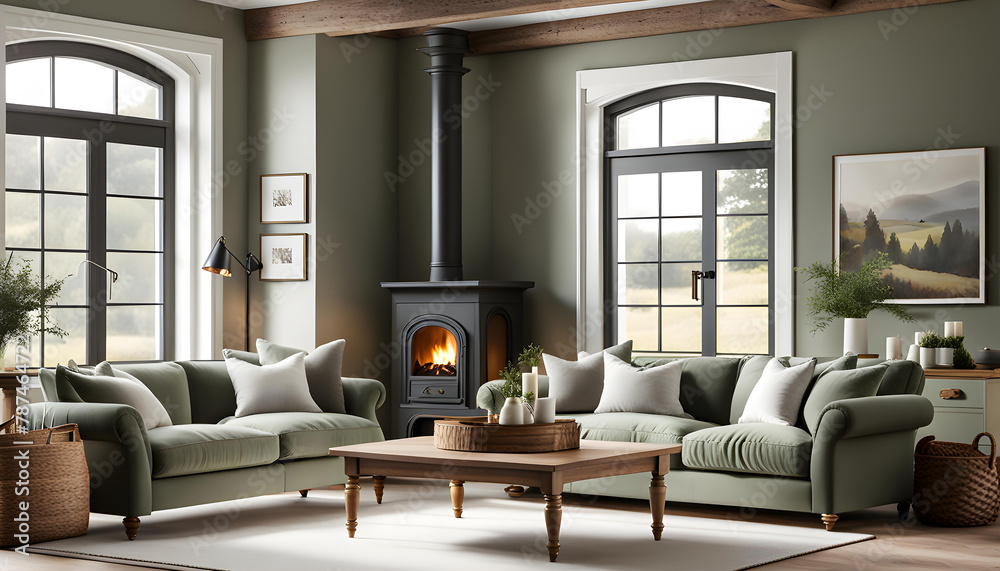 Fototapeta premium Cozy cottage interior, warm and cozy living room in the English countryside with sage light walls and fluffy gray sofas, fireplace, large windows,