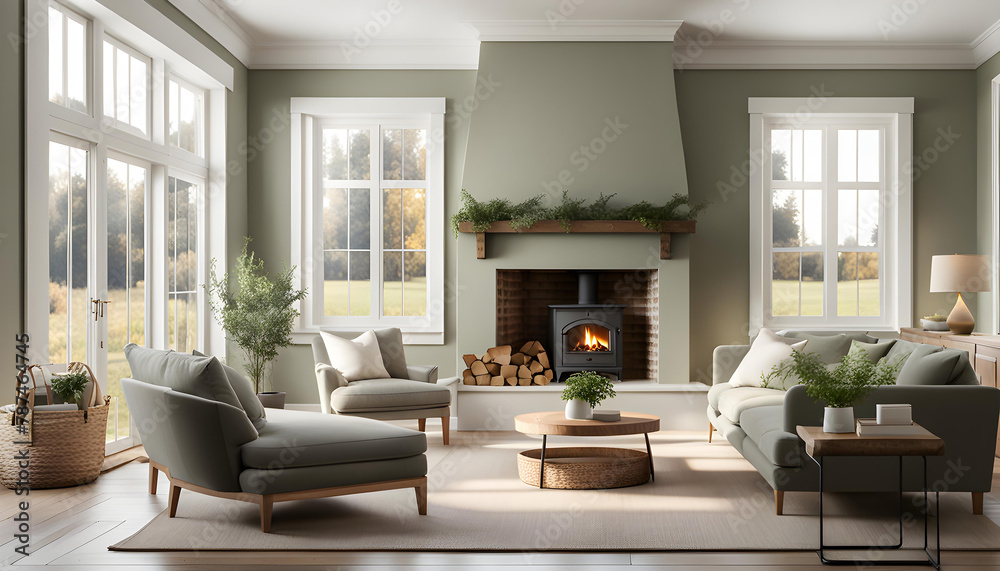 Cozy cottage interior, warm and cozy living room in the English countryside with sage light walls and fluffy gray sofas, fireplace, large windows,