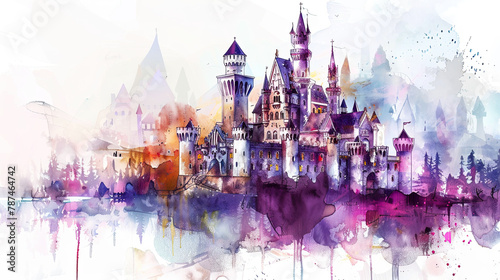 Watercolor magic castle. Fairy tale castle illustration on white background