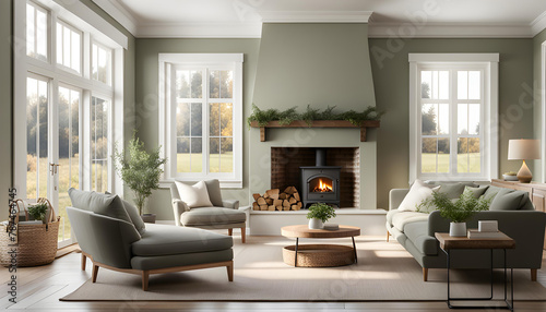 Cozy cottage interior, warm and cozy living room in the English countryside with sage light walls and fluffy gray sofas, fireplace, large windows, © Perecciv