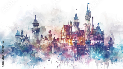 Watercolor magic castle. Fairy tale castle illustration on white background