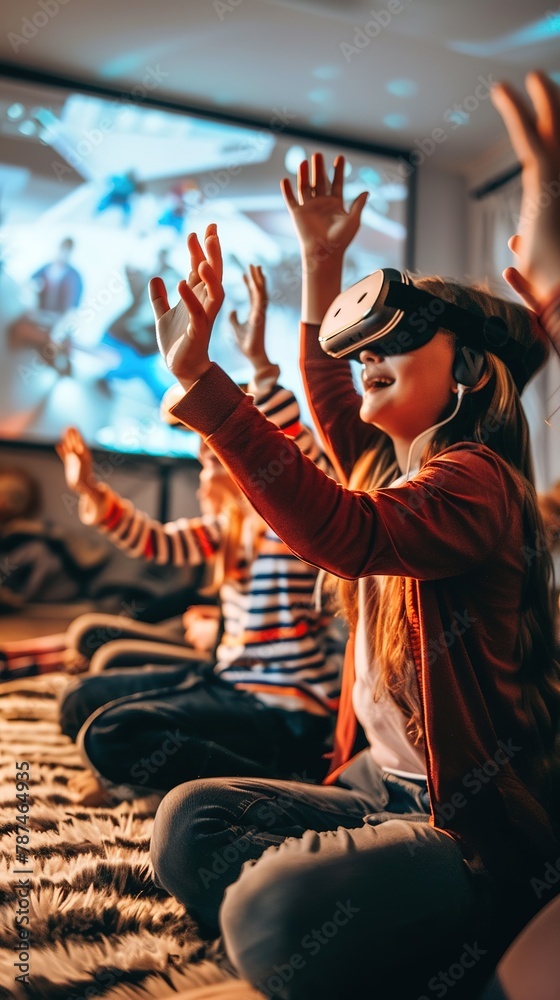 A group of friends gathered in a living room, each wearing augmented reality glasses and interacting with virtual objects projected into the space around them