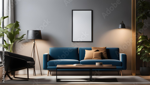 Room mockup with frame mockup on wall, ISO A paper size on living room wall. Interior mockup with sofa corner and blanket, Modern interior design. 3D rendering, © Perecciv