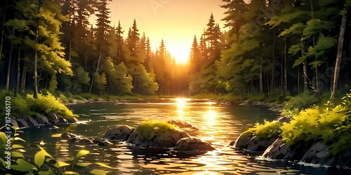Lake landscape, yellow background, anime wallpaper, sunset on a forest background photo