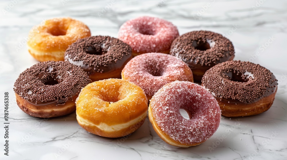 Colorful mini donuts assortment on a marble background, a delightful sweet treat