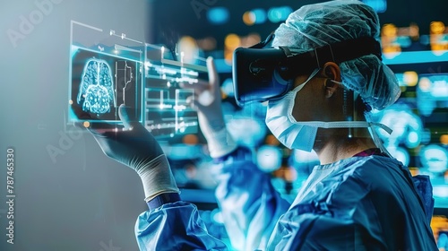 A medical professional using augmented reality technology to perform a surgical procedure, with digital overlays providing real-time data and guidance to enhance precision and efficiency