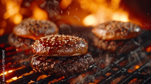 Juicy hamburgers grilling over open flames, barbecue vibes