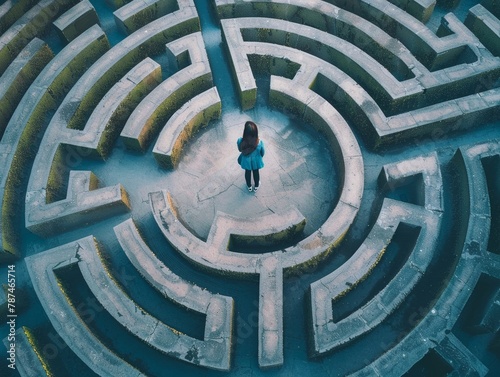 A maze seen from above with a businesswoman at its center, deciding which path to take amidst numerous options
