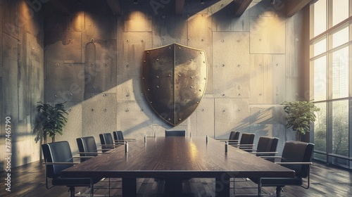 A meeting room with a giant shield on the wall, protecting a group of economists discussing prevention of a financial crisis photo