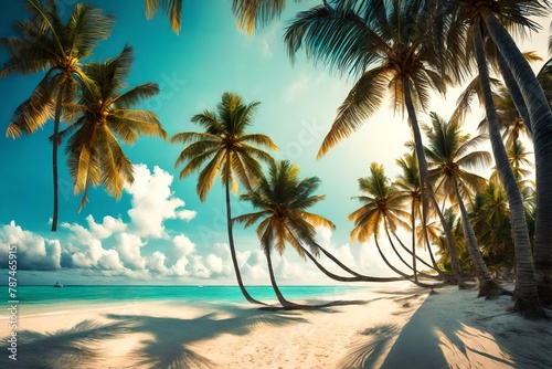 A tropical beach panorama  palm trees framing the sandy shore in the bliss of summer.