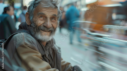 The kind gaze of a homeless elder on a busy city street, captured in a high quality photo