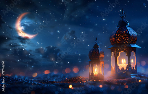 eid background, lanterns and stars, night sky with crescent moon, religious islam muslim
