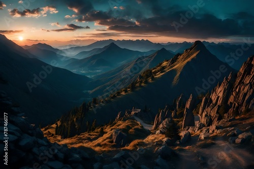 A grand panorama of mountain silhouettes against the canvas of a twilight sky. photo