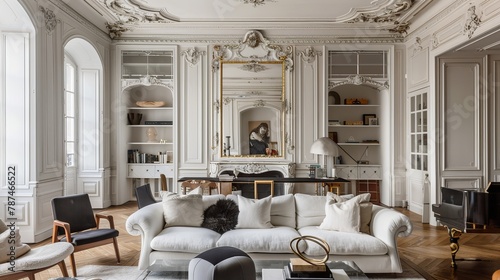 Elaborate decorative molding, including crown molding, ceiling rosettes, and intricate trim work, is a hallmark of Parisian-style apartments. These architectural details add a touch of refinement  photo