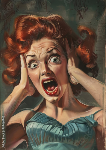 Vintage-inspired illustration of a woman screaming in horror with a hand to her head, red hair and panicked expression