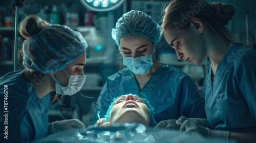 Low Angle Shot in the Operating Room, Assistant Hands out Instruments to Surgeons During Operation. Surgeons Perform Operation. Professional Medical Doctors Performing Surgery. photo